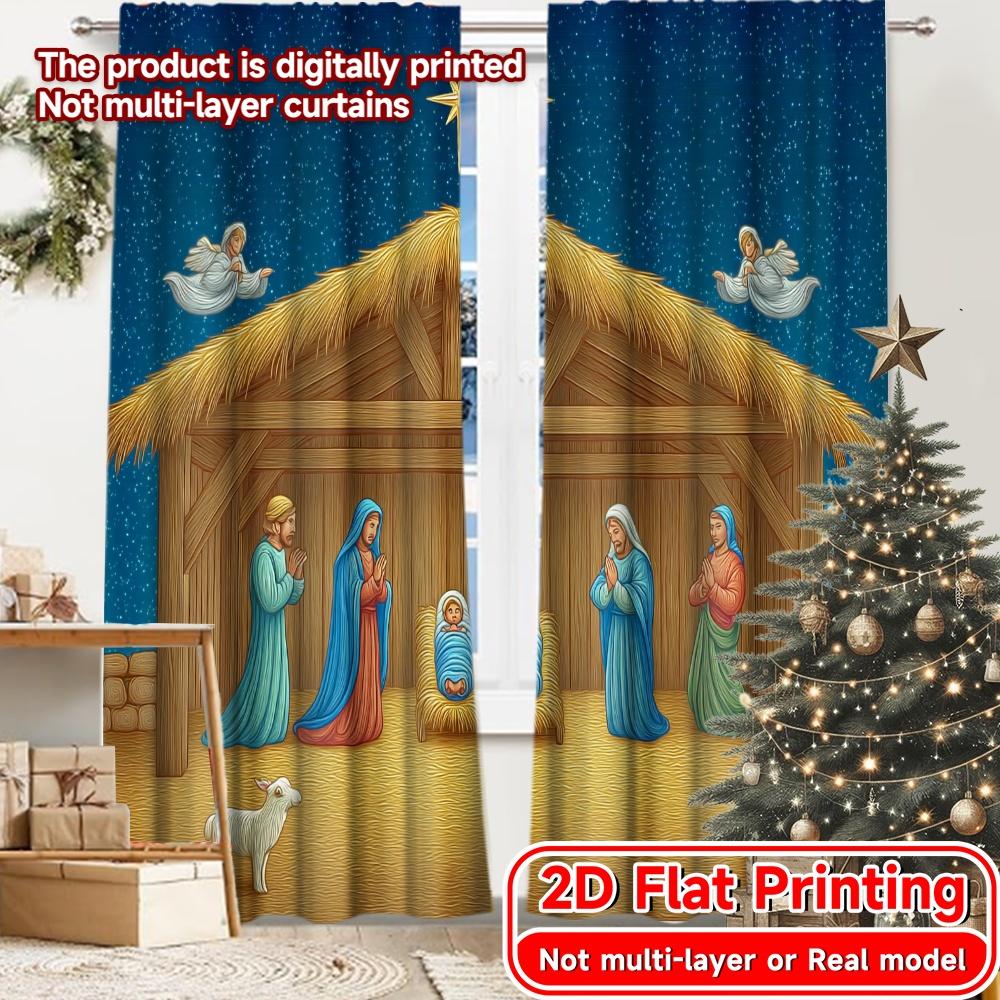 2D FLAT PRINTING 2pcs Curtains (Without Rod) Christmas Nativity Scene Holiday Easter Printed Curtains Machine Washable Fabric