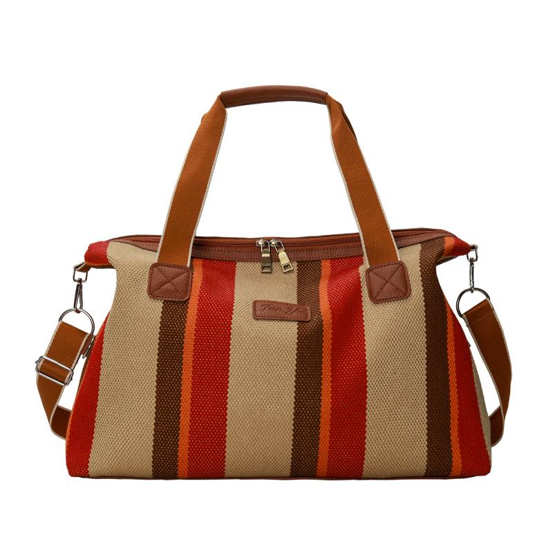 Striped Canvas Women's Travel Bag - Japanese Style, Large Capacity, Handheld, Single Shoulder, Crossbody Bag
