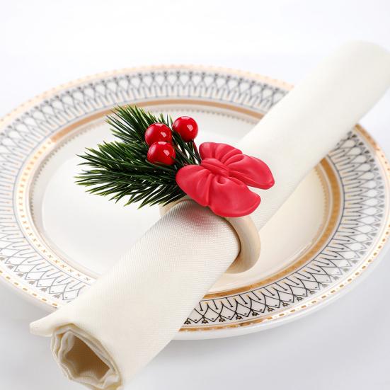 Gift for Christmas Home Decor Mini Napkin Ring, Small Red Bow Wooden Holder with Seasonal Tabletop Accessories Berries Pine Cones New Year Party