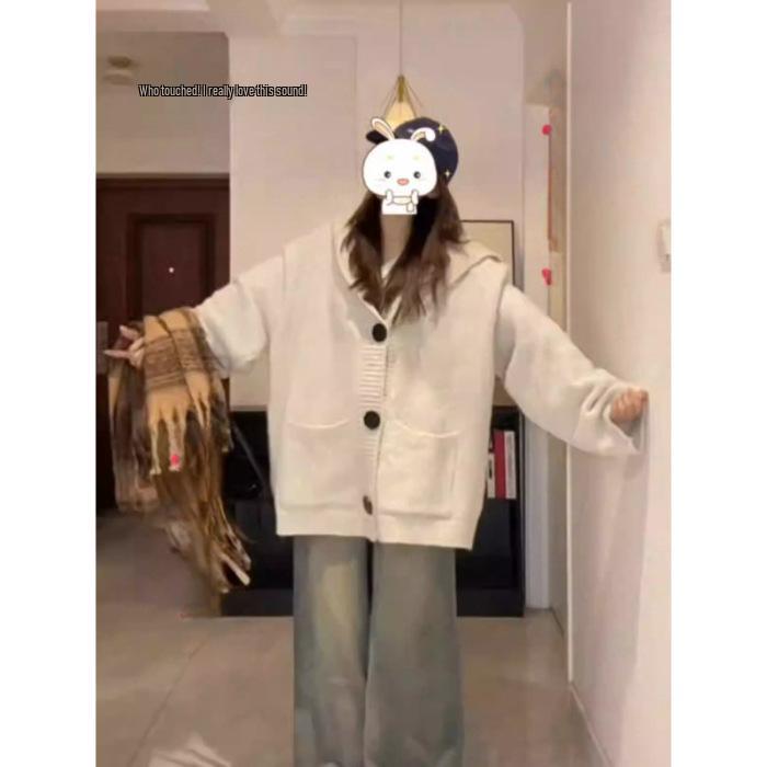 2024 High-End College-Style Hooded Pocket Cardigan: Autumn/Winter Loose Knit Sweater Coat