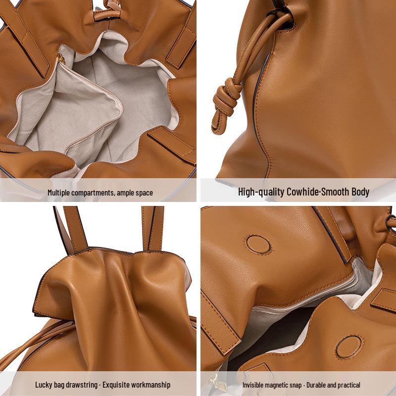 Korean Style Genuine Leather Women’s Pleated Drawstring Shoulder Tote