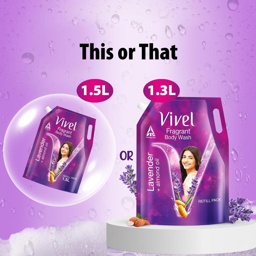 Vivel Fragrant Body Wash, Lavender & Almond Oil Shower Gel, 1300ml Supersaver XL Refill Pouch, Moisturizing Bodywash, Soft & Smooth Skin, Effective