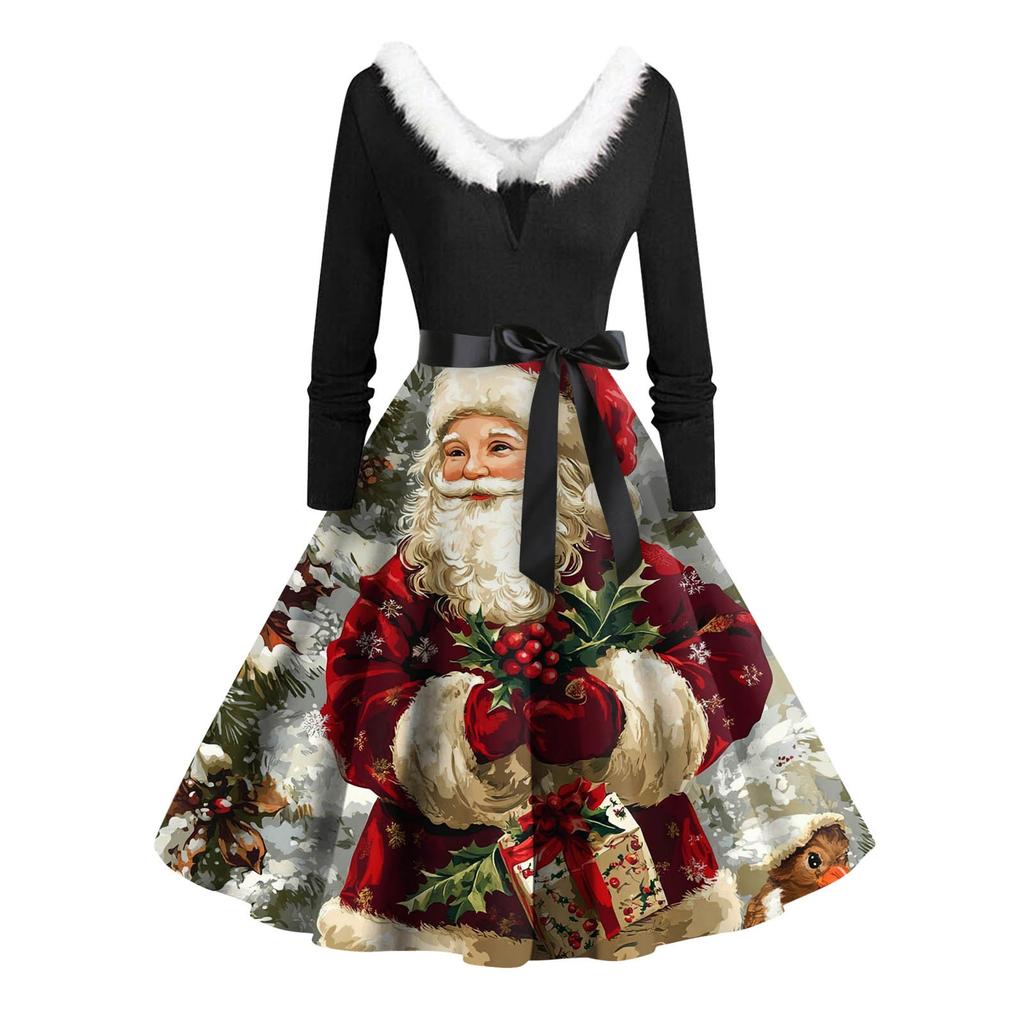 Damen Casual Fashion Langarm Weihnachten Grafik Bedruckte Vintage Lange Kleider
