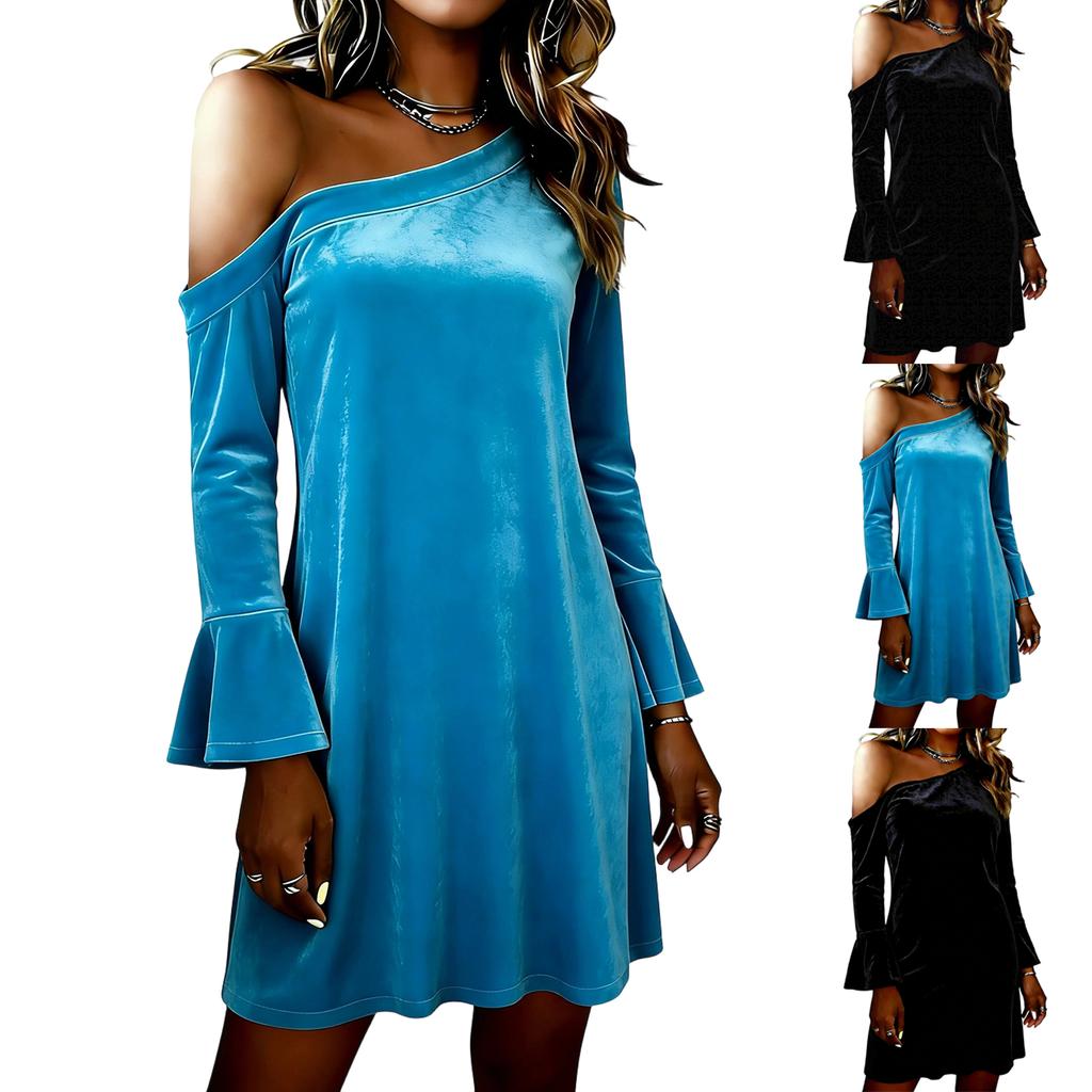 Women's Fashionable Color Slanted Collar Long Sleeved Loose Gold Velvet Casual Dress