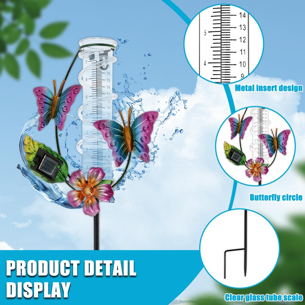 Solar Stake Rain Gauge Precise Butterfly Decor LED Rain Measure Gauge With Iron Stand Weatherproof Rain Water Meter for Garden