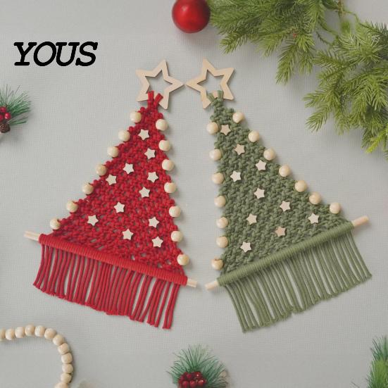 Christmas Tree Hanging Decorations Braided DIY Kit, Make 2 Cotton Rope Trees, Boho Knot Craft Handmade Ornament Making Kit Set with Wooden Beads