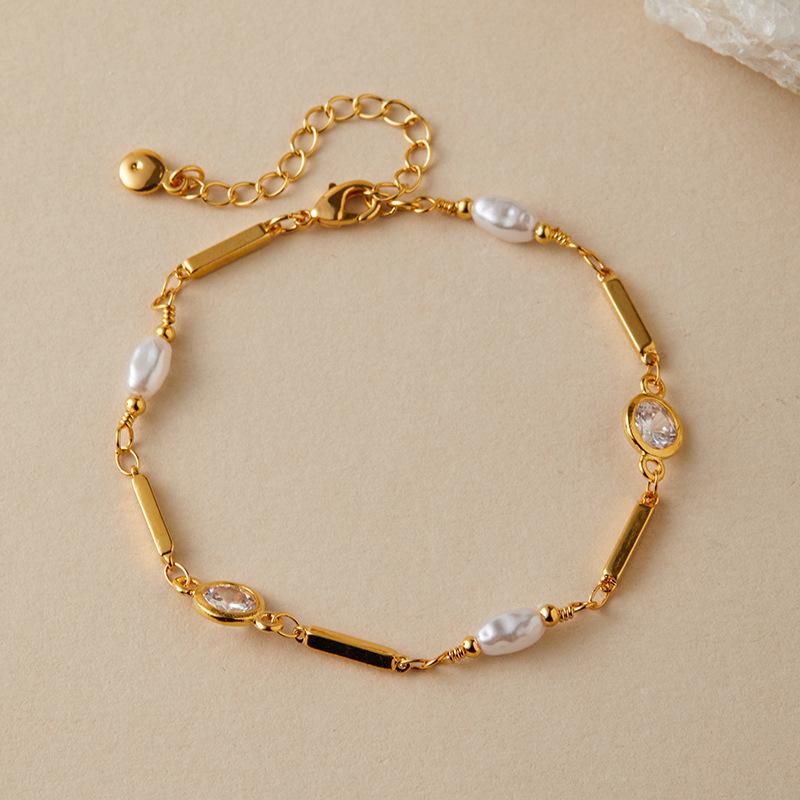 Elegant Handmade 18k Gold Plated Zircon Inlaid Abs Pearl Bracelet Women Exquisite Jewelry