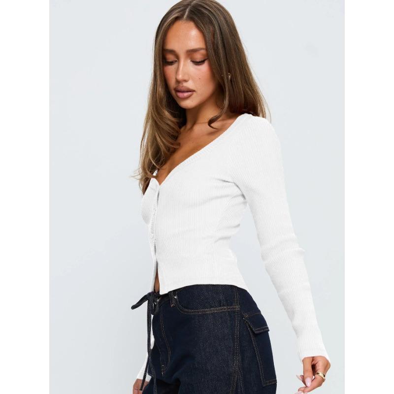 Women S V Neck Long Sleeve Ribbed Button Front Cardigan