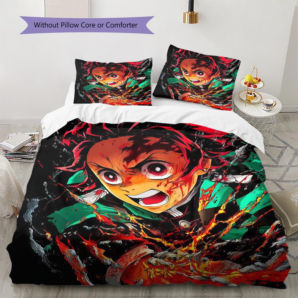 Demon Slayer Kimetsu No Yaiba Pattern Bedding Quilt Set Home Decoration Gift (1 * Duvet Cover + 2 * Pillowcase Without Core)