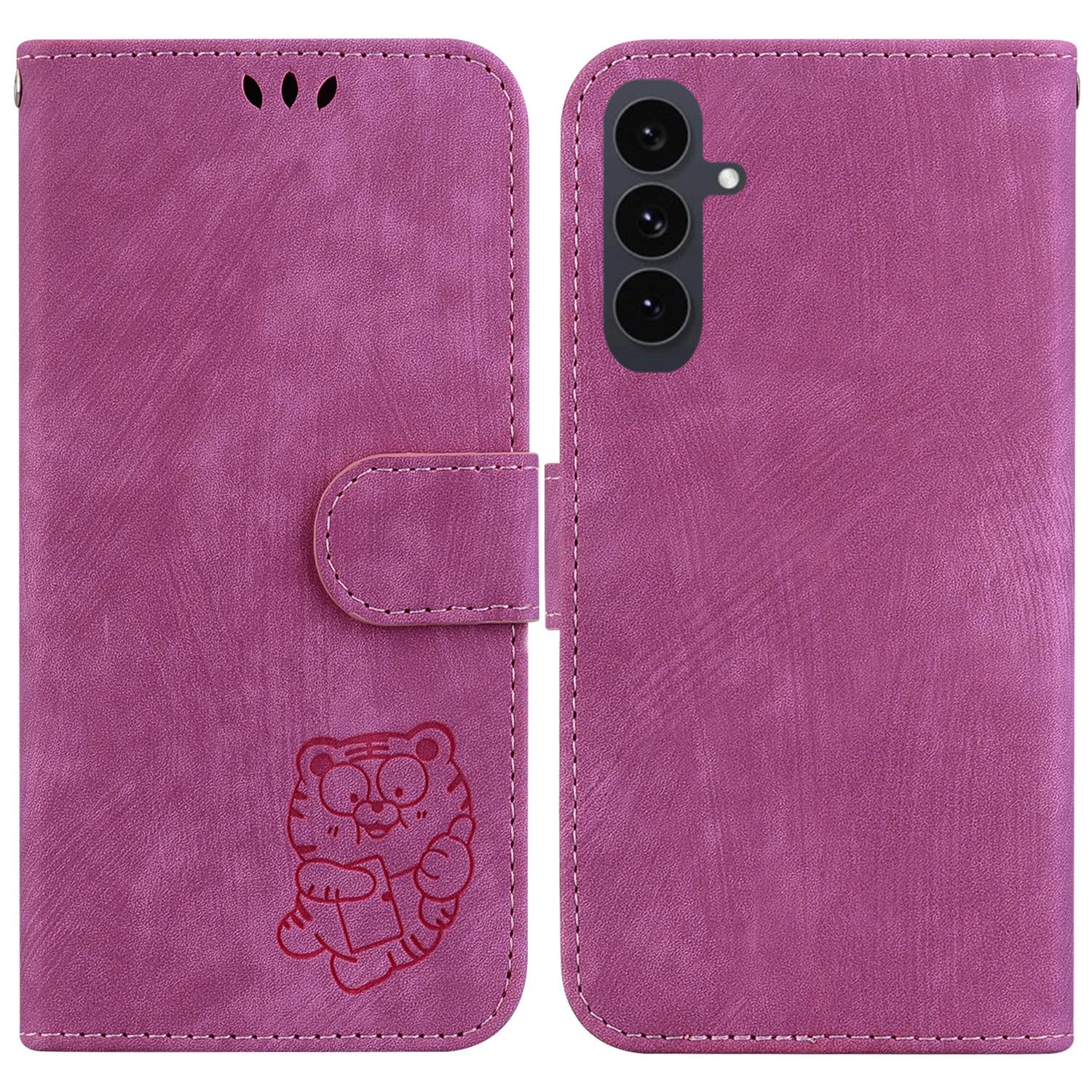 

For Samsung Galaxy S25 FE Wallet Case Tiger Imprint Leather Shockproof Phone Cover with Wrist Strap Rose