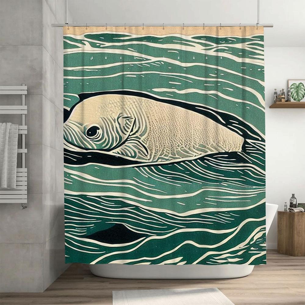 Unique Fish Design Waterproof Shower Curtain White Waves Green Color Bath Room Decoration for Home Decorate