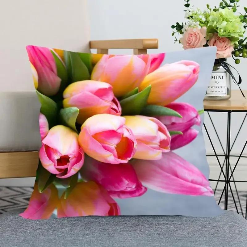 "Floral Tulip Pillowcase, Soft Cotton - Vibrant Flower Design for Spring Decor, Comfortable and Stylish, Perfect Gift for Home"