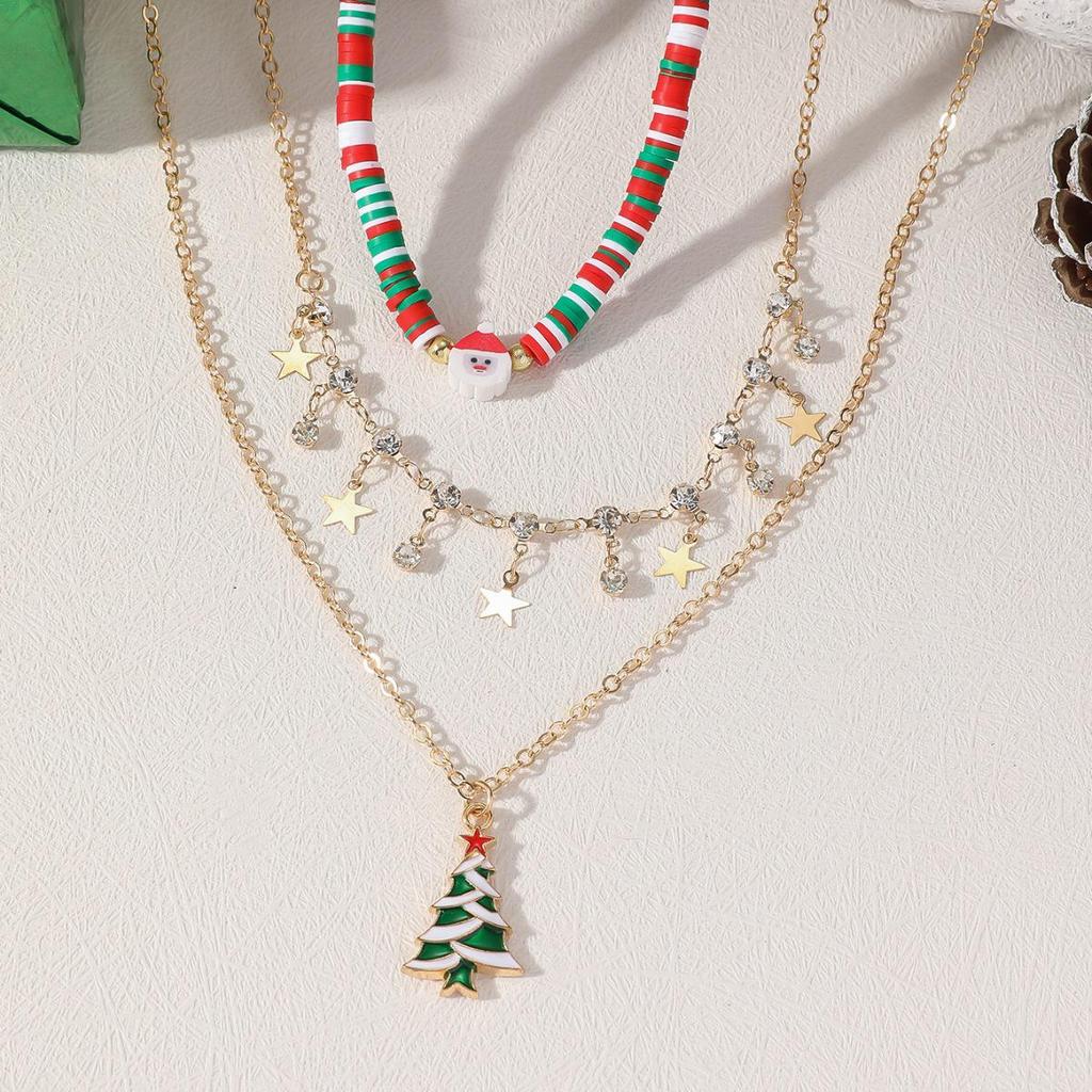 European & American Christmas Festival Polymer Clay Necklace - Creative Santa Claus & Christmas Tree Design, Clavicle Chain, Unique Holiday Style.