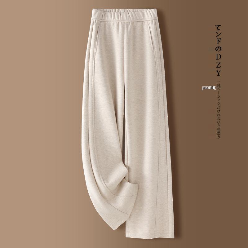 Women's Fleece-Lined Grey Cashmere Wide-Leg Pants: Autumn/Winter 2024 Trendy Wool Blend Style.