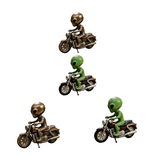 Alien Gnome Resin Statue, Sitting on Motorcycle Decorative Gnome Ornament, Waterproof Hand-Painted Garden Sculpture, for Indoor Outdoor Use