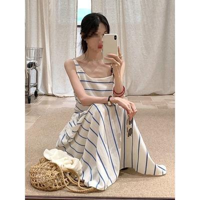 Korean Blue Striped Irregular Vacation Suspender Dress Women's Summer New Waist and Thin Dress