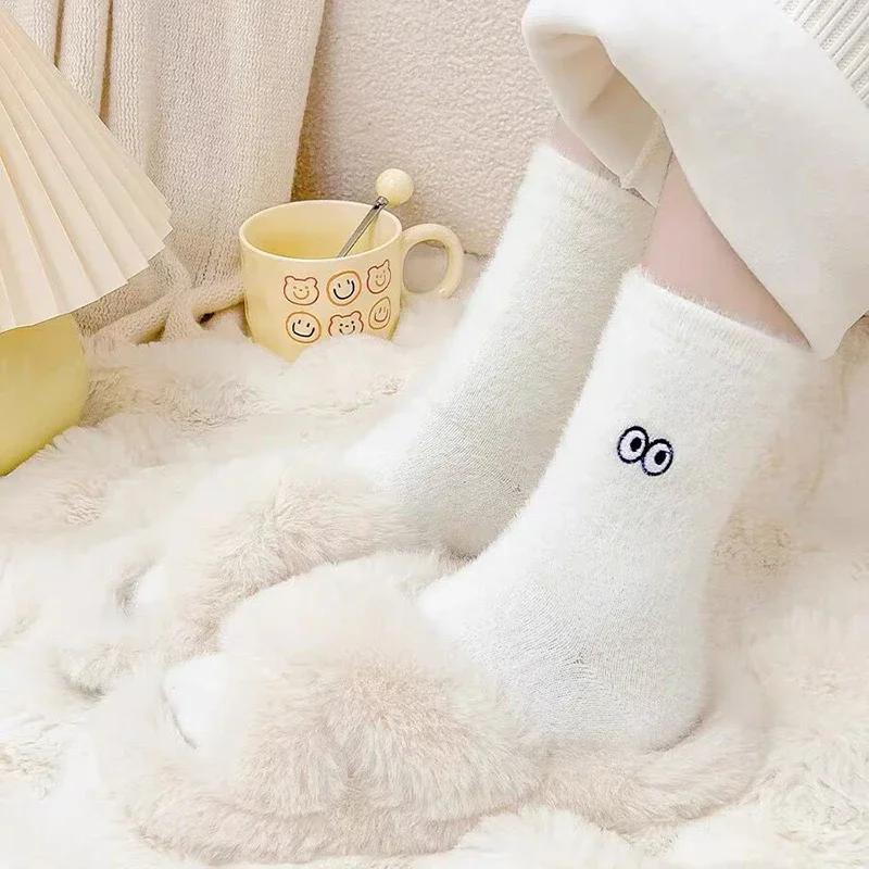 5pcs Cartoon Eyes Mink Plush Socks Women Girls Autumn Winter Thickened Warm Stocking Cold-proof Home Floor Sleeping Socks