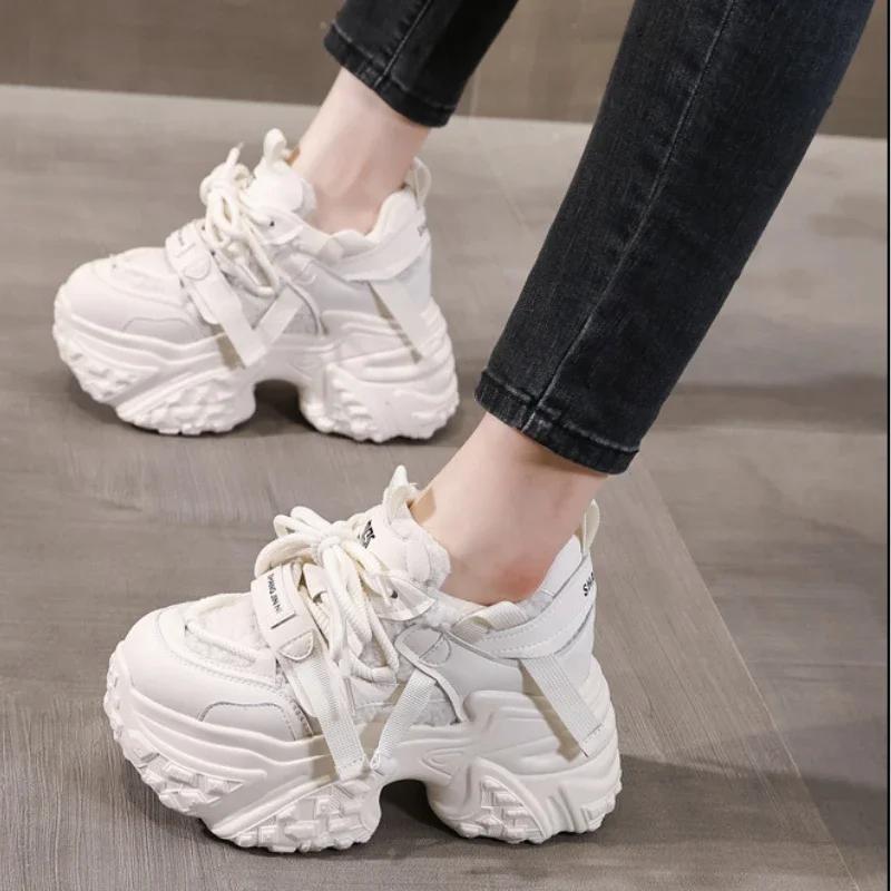Fashion 9.5CM Women Microfiber Leather Spring Chunky Sneakers Winter Plush Fashion Ankle Booties Autumn Platform Wedge Flats Shoes