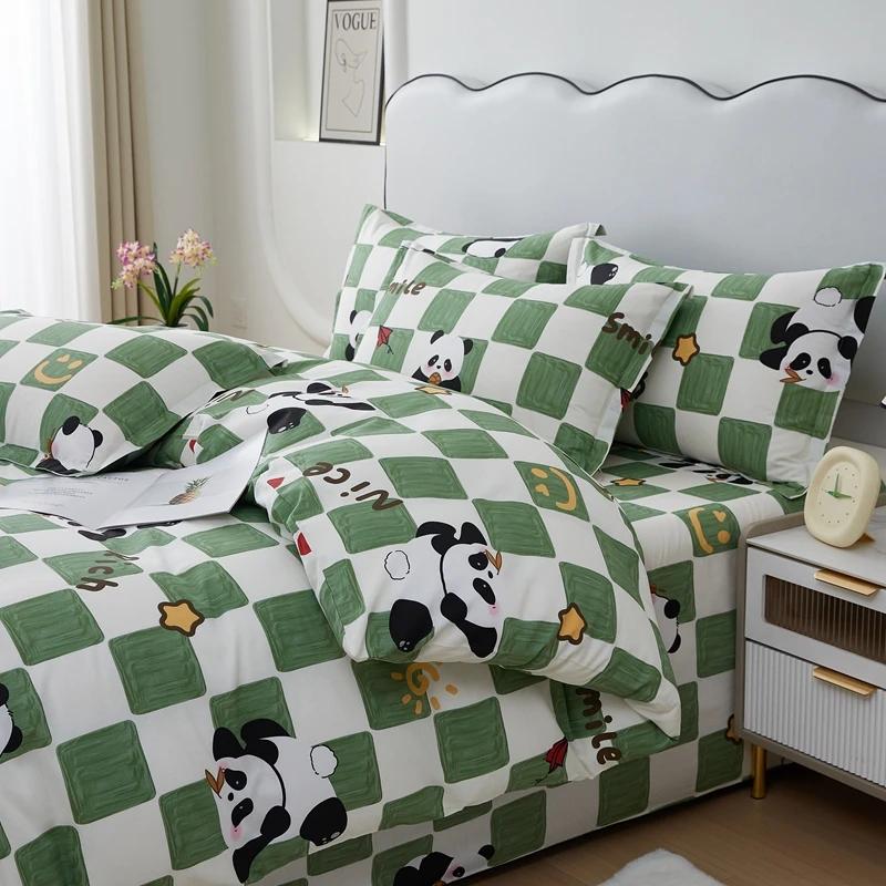 Comforter Cute Cartoon Panda Twin Queen 100% Cotton Kawaii Star Comforter 3 Pcs Soft Reversible Green Plaid Bedding Set