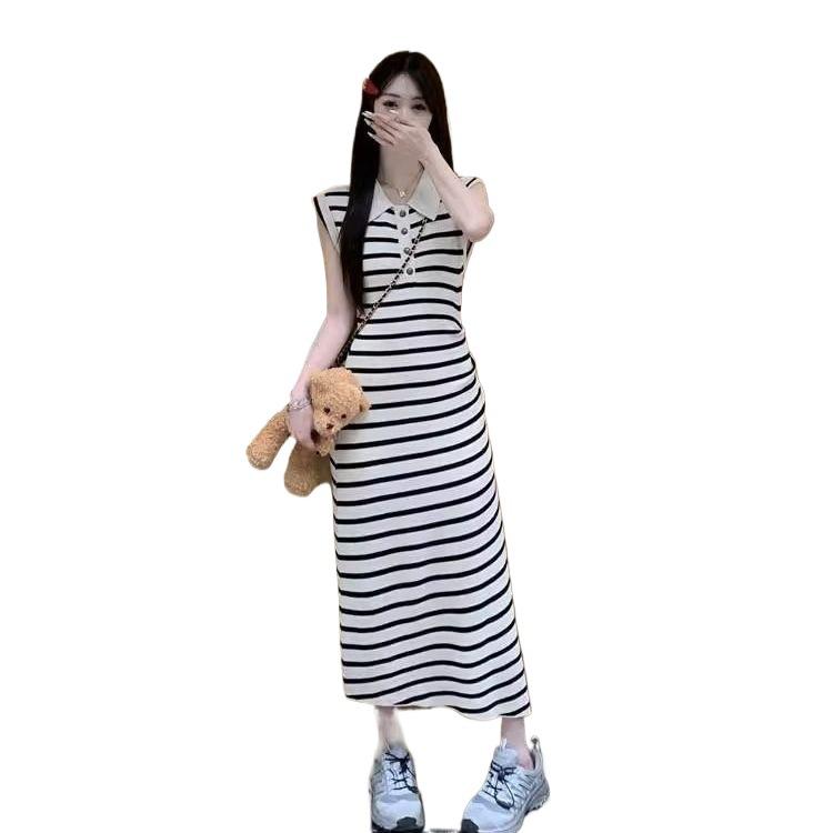 French Retro Polo Collar Color Block Stripe Knit Dress with Pleated Waist