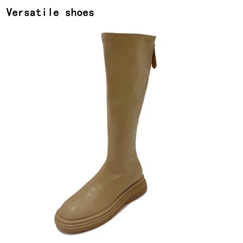 Nové podzimní dámské vysoké boty, módní dámské měkké kožené ploché dlouhé boty, dámská obuv se zipem na zádech