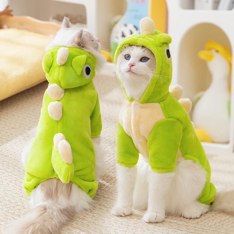 Pet Dinosaur Costume Warm Fleece Four-Legged Outfit Cats Dogs Winter Cozy Dress-Up