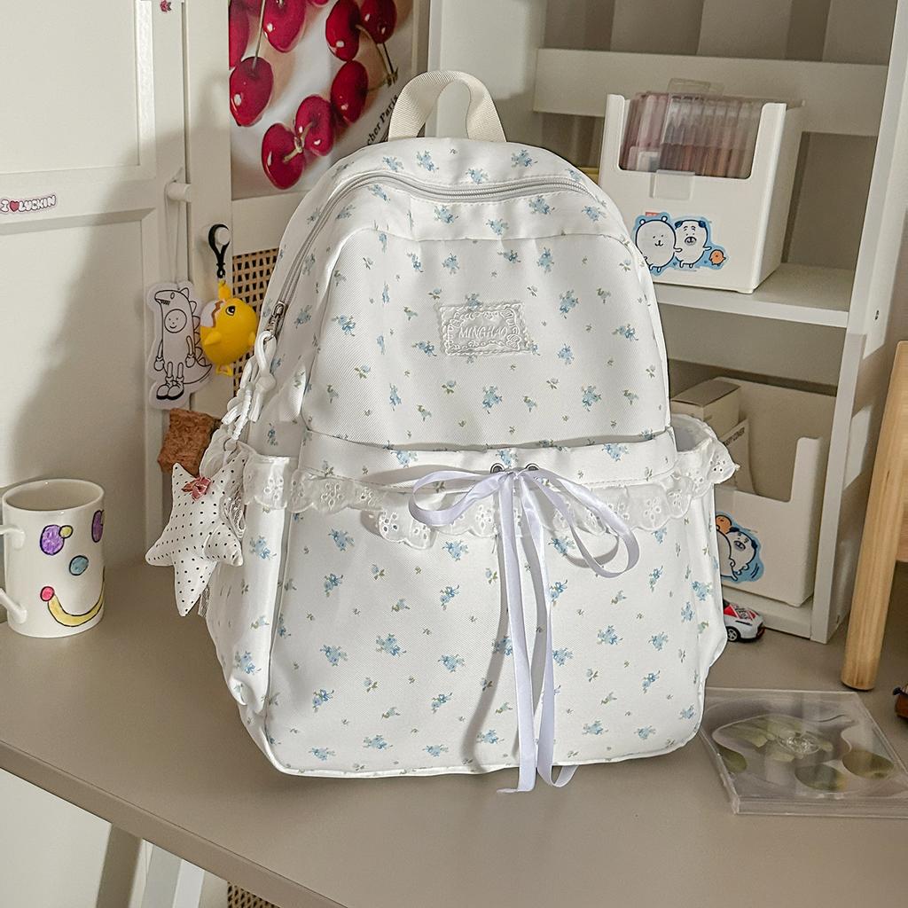 Schoolbag Milky White Floral Backpack Female Ins Niche Schoolbag Female Lace Backpack Junior High School Versatile Commuter Backpack