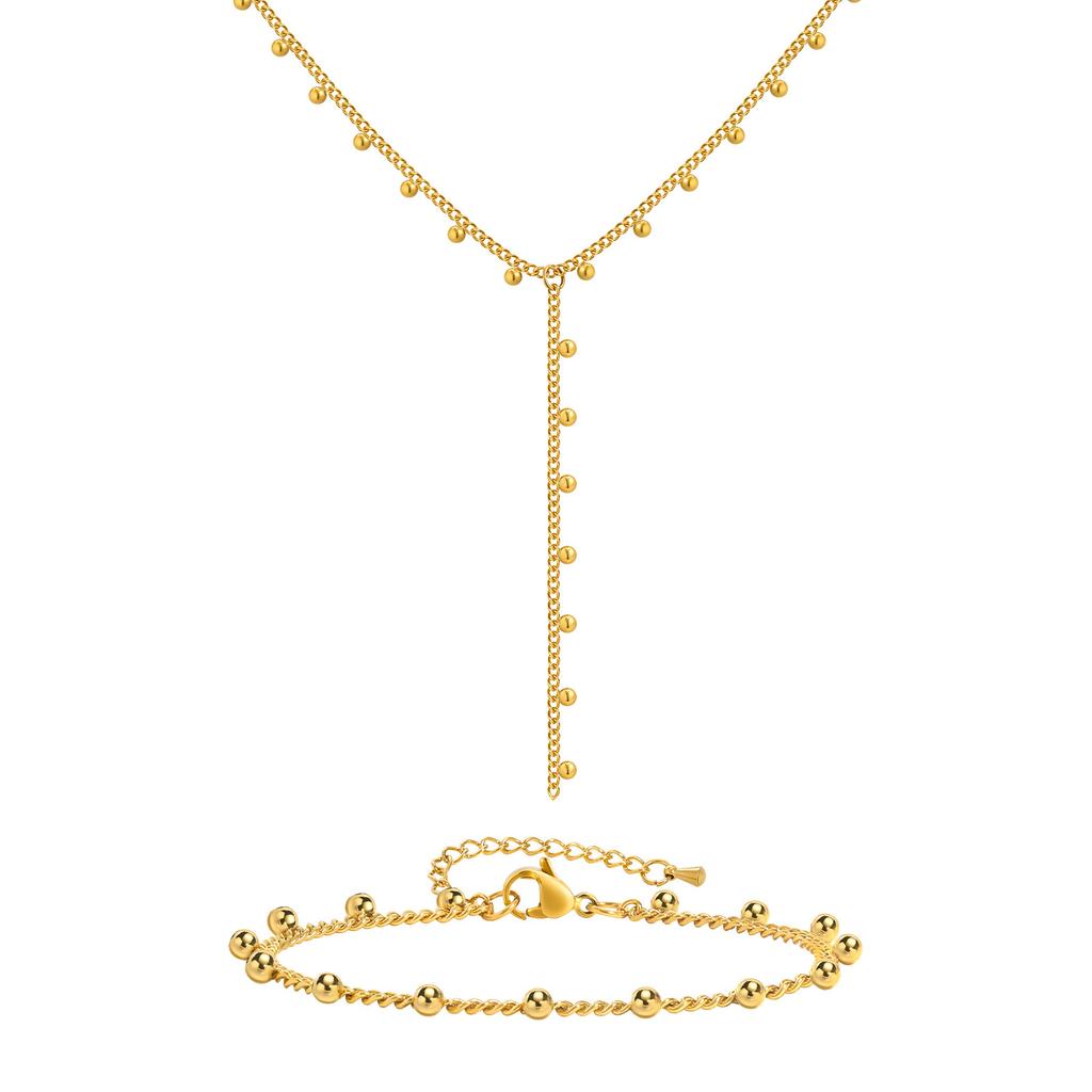 Stainless Steel Grinding Chain Round Bead Y-Shaped Fringed Necklace Bracelet Nc-2101