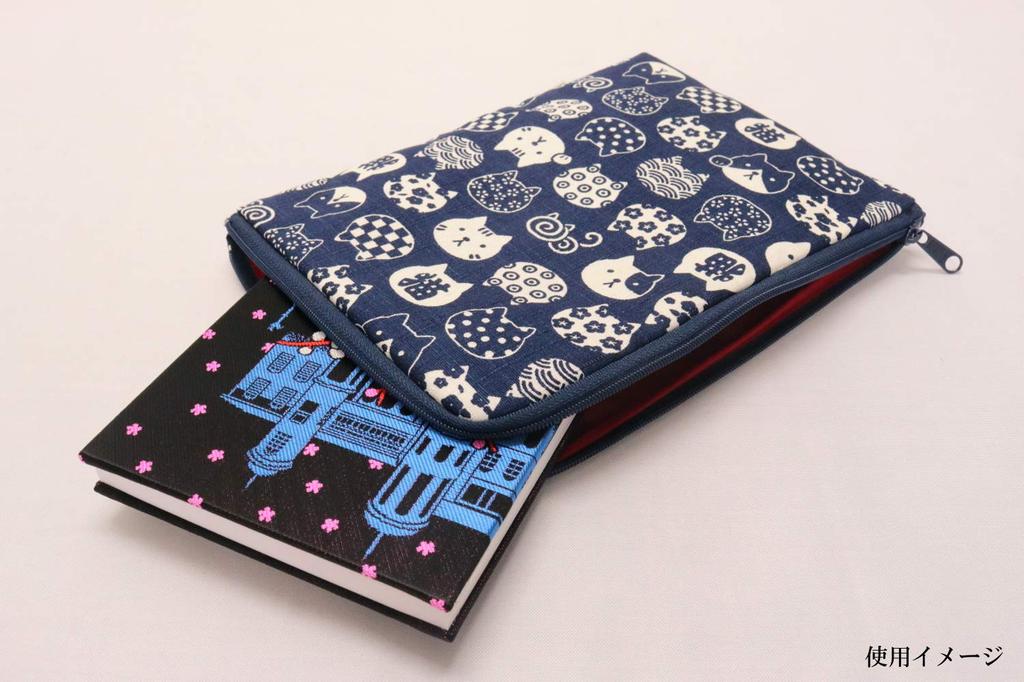 Kyosuke Goshuincho Made in 21 x 15 with Zipper Navy L-Shaped Pouch, Japan, cm, (Nyankomon, Blue)