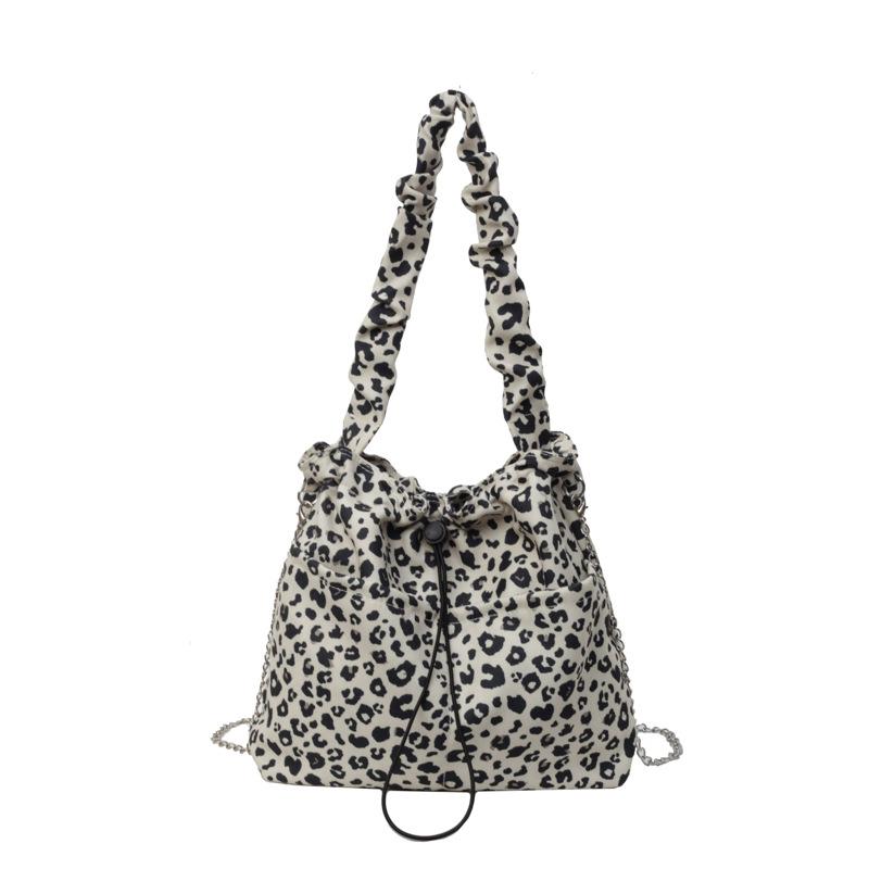 Leopard Print Tote Bag Drawstring Bucket Bag Shoulder Crossbody Bag Women's Underarm Bag