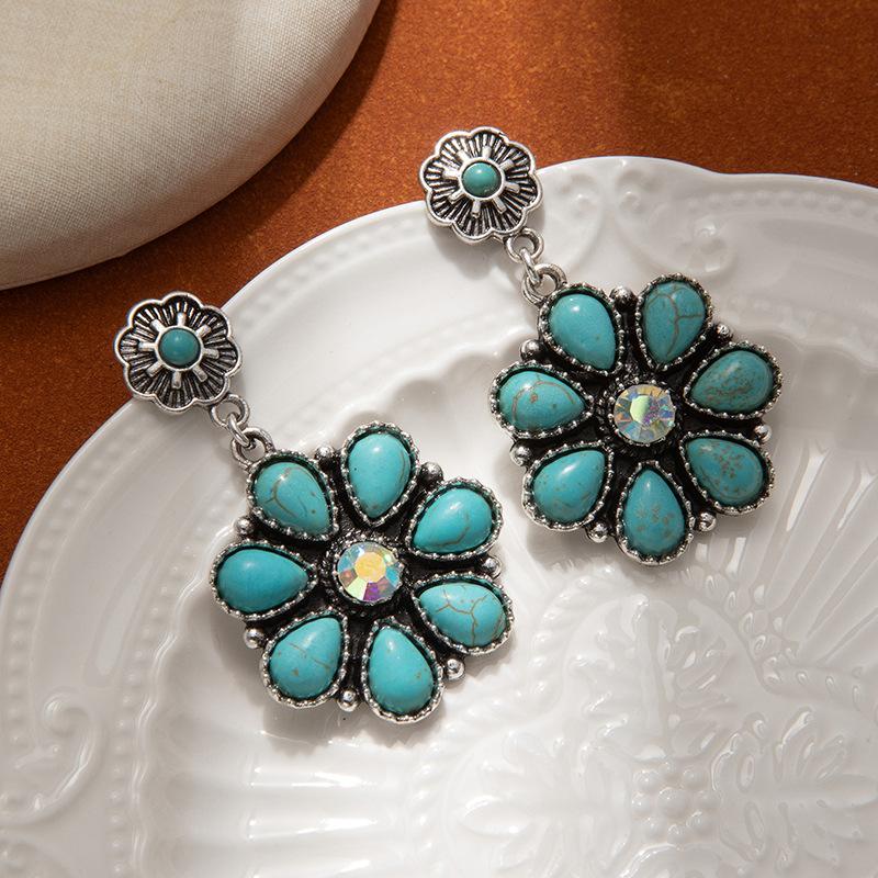 Turquoise Flower Earrings, High-End Retro Ethnic Style Earrings, Women S Diamond-Encrusted Heavy Industry Party Ear Jewelry
