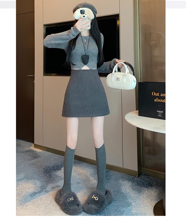 Women's High Waist Gray Plaid A-Line Wool Skirt - Petite, Anti-Exposure, Autumn/Winter Style