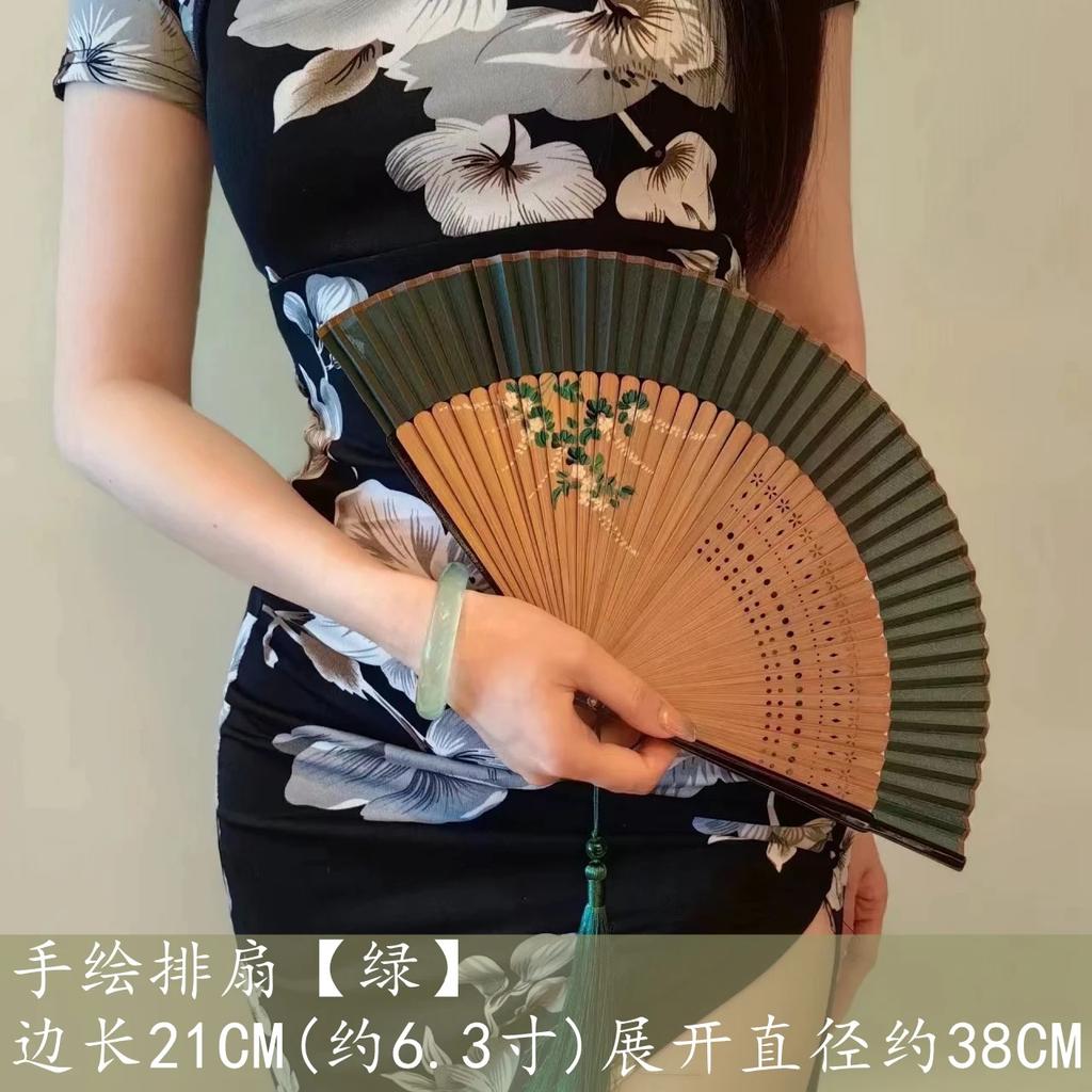 Fan Summer portable Chinese Hanfu antique green folding fan Women's cheongsam folding small fan