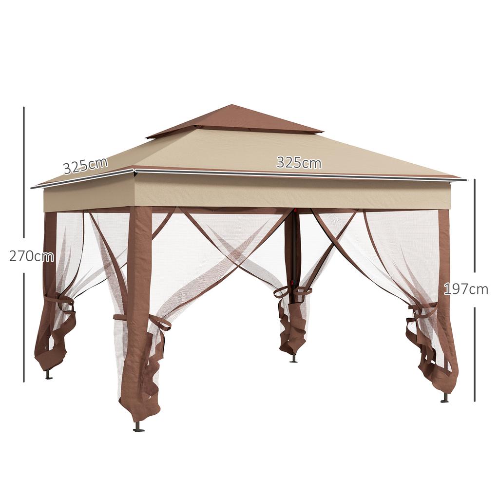 3 X 3(m) Pop Up Gazebo, Double-roof Garden Tent with Netting and Carry Bag, Party Event Shelter for Outdoor Patio, Khaki