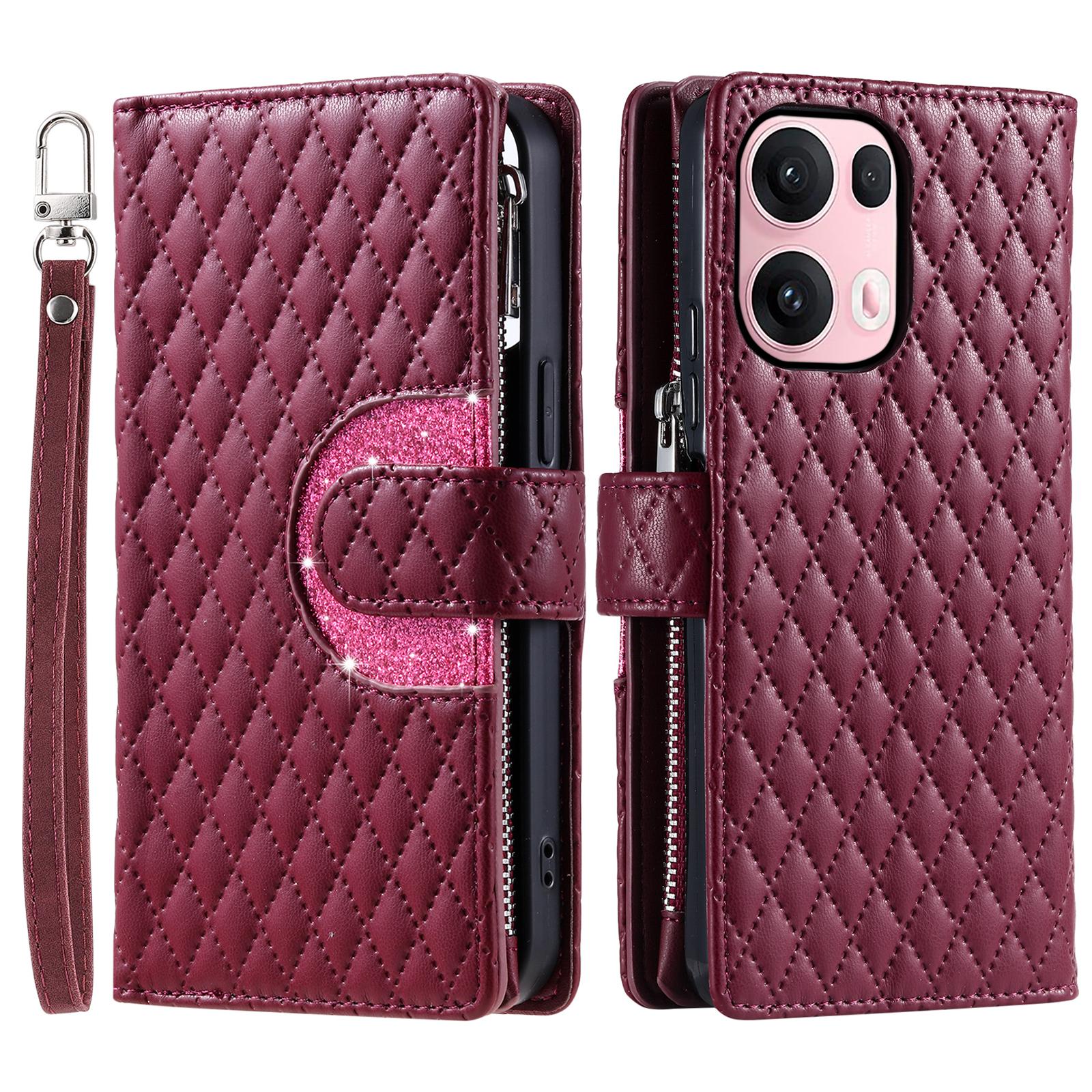 

Style 012 for Oppo Reno13 Pro 5G Case Zipper Pocket Glitter Leather Phone Cover Wine Red
