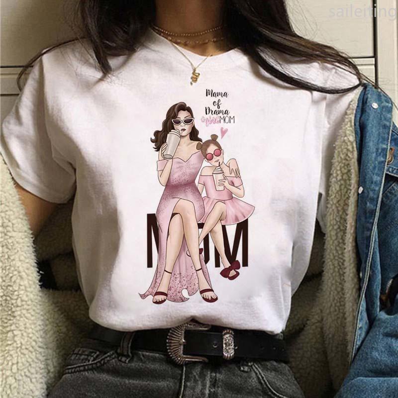 Women T-shirts Cute Mom and Daughter Black Summer Short Sleeve Female Tops Summer Sleeved Harajuku Streetwear Tops Tees