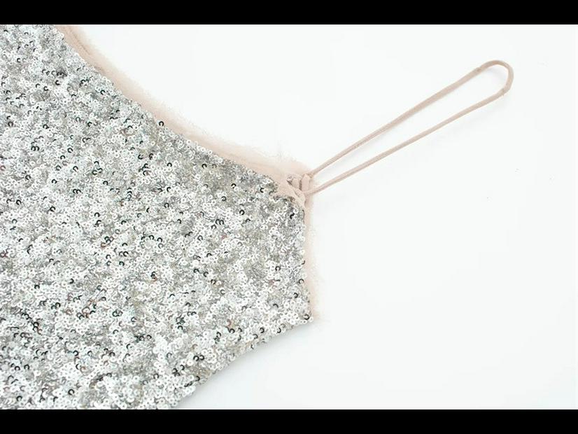 Elegant Sequin Suspender Dress with High Waist A-line Skirt