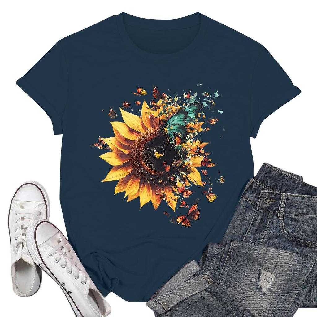 Women's Fashion Casual Printed Short Sleeve Round Neck Pullover Tops