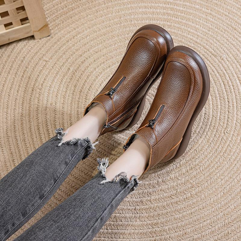 Cowhide Cotton Shoes, Flat-bottomed Wool Short Boots, Women's Winter Plus Velvet Warm Boots, Soft-soled Non-slip Leather Boots