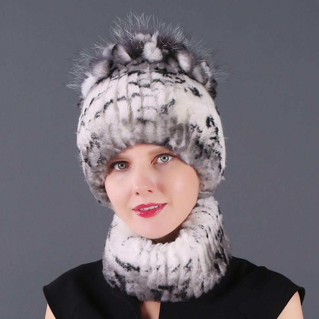 Women's New Rex Rabbit Short Dye Plus Black Fox Hair Hat Scarf Two-piece Set, Winter Warm Woven Fur Hat