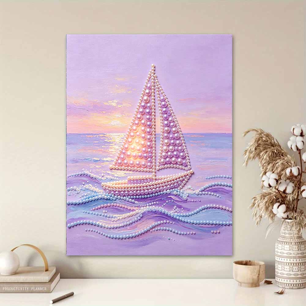 Rahmenloses Perlenmalerei DIY-Set Sonnenuntergang Segelboot auf See 3D Funkelndes Perlen Leinwand Entspannendes Kreatives Basteln für Kunstliebhaber