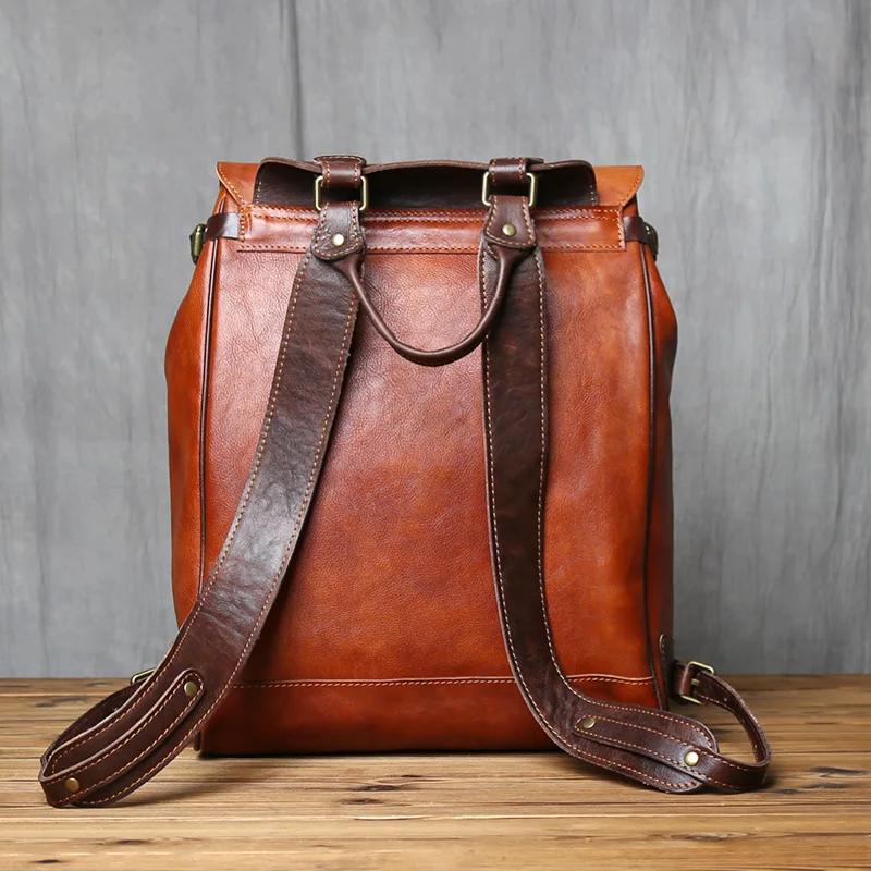 NZPJ Retro Genuine Leather Men Backpack Vegetable Tanned Top Layer Cowhide Backpack Fashionable computer bag for 15 inch laptop
