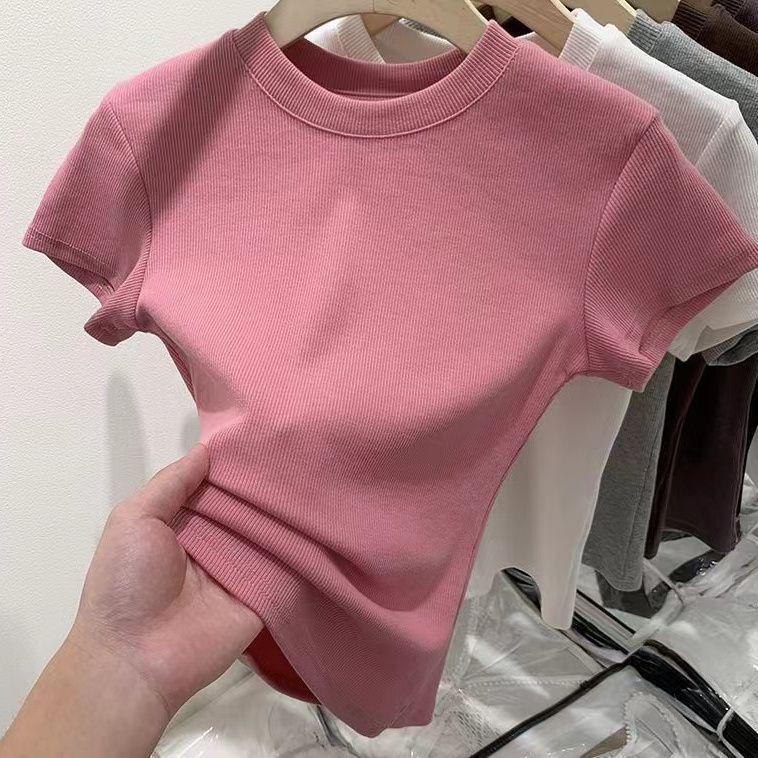 Dopamine Thread Slimming Women's Summer Short Sleeve T-Shirt – Versatile Straight Shoulder Round Neck