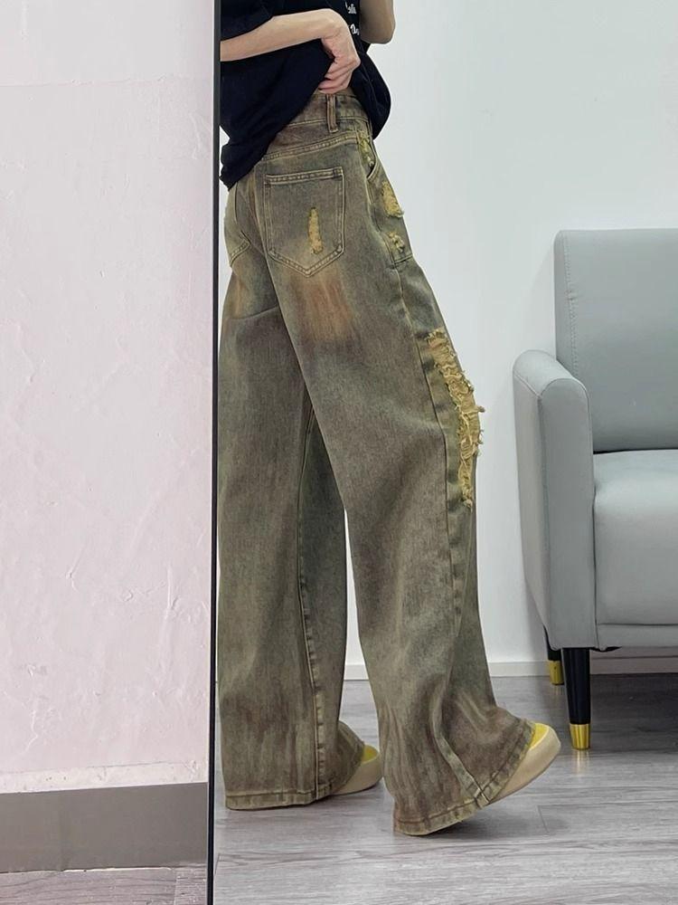 Comfortable Design Sense Niche Broken Hole Jeans Women High Waist Drag Floor Vintage Straight Wide Leg Long Pants Jeans for Women Long Denim Pants