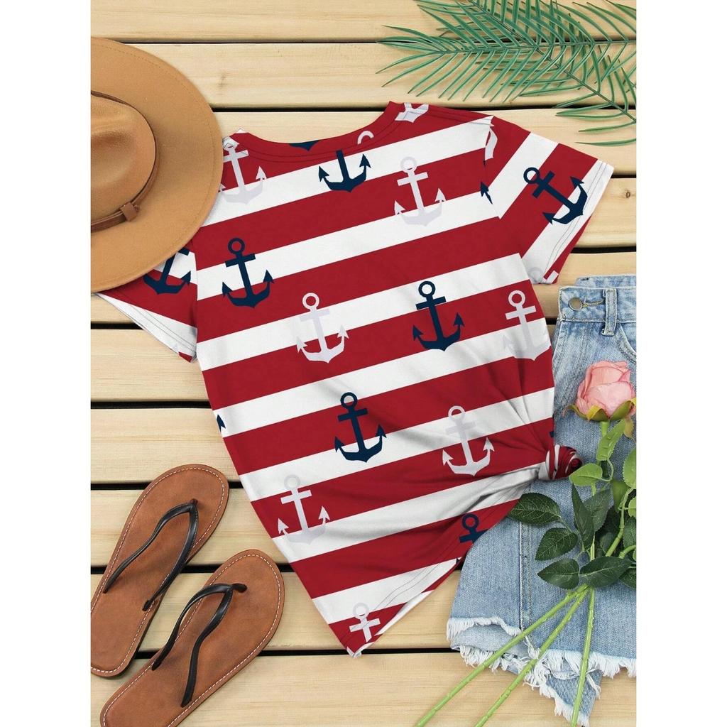Summer Round Neck 3D Anchor Pattern Stripe Print Top Fashionable Casual Short Sleeved Women's T-shirts