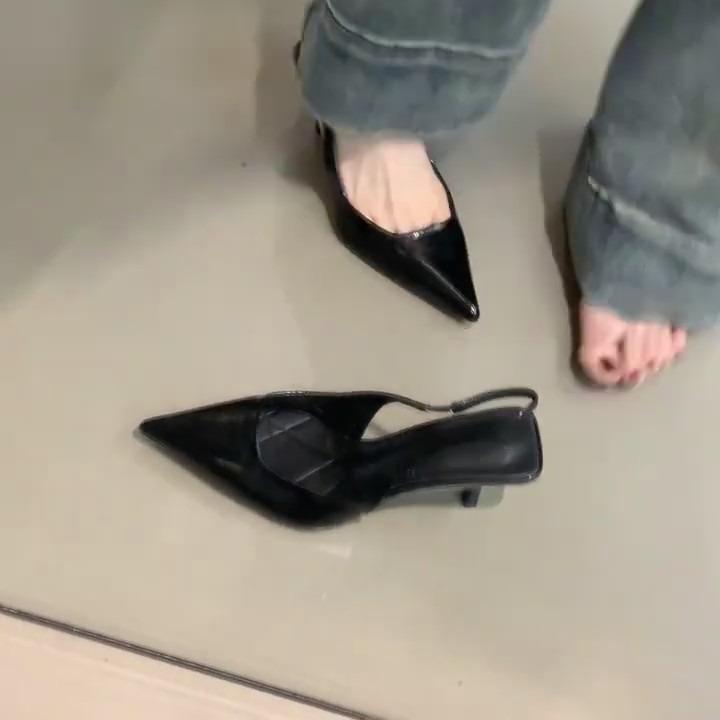 2025 new black bag head sandals female kitten heel Korean version temperament pointed head shallow mouth empty single shoes high heel stiletto