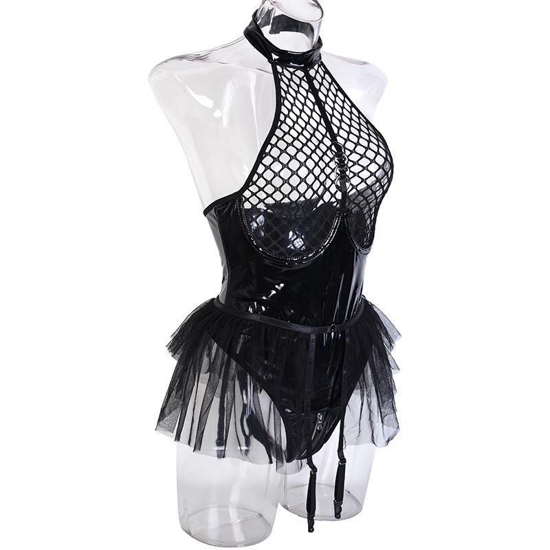European & American Patent Leather Mesh Hollow-Out Sexy Lingerie Bodysuit Set