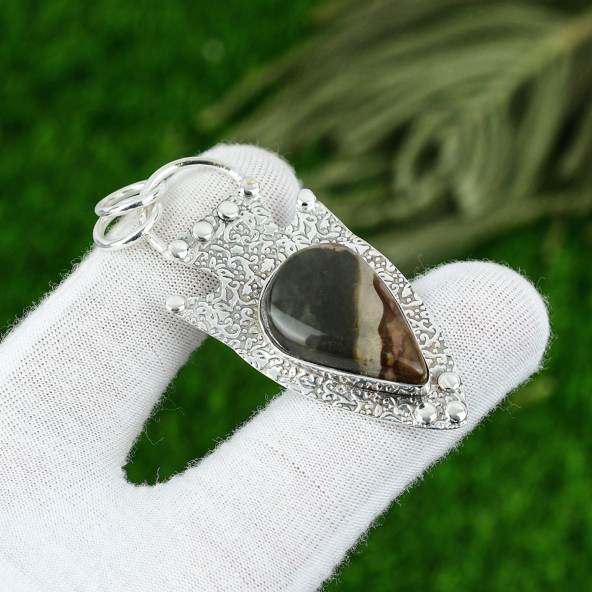 

Natural Polychrome Jasper Gemstone Pendant Brown 925 Sterling Silver Jewelry