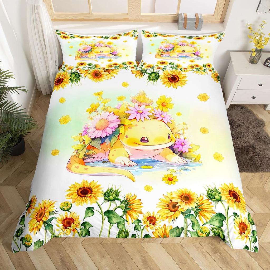 Cartoon Axolotl Bettbezug Queen Size, Sonnenblumen Bettwäscheset Niedliches Tier Botanisch Bettdeckenbezug Aquarell Gelb Steppdeckenbezug