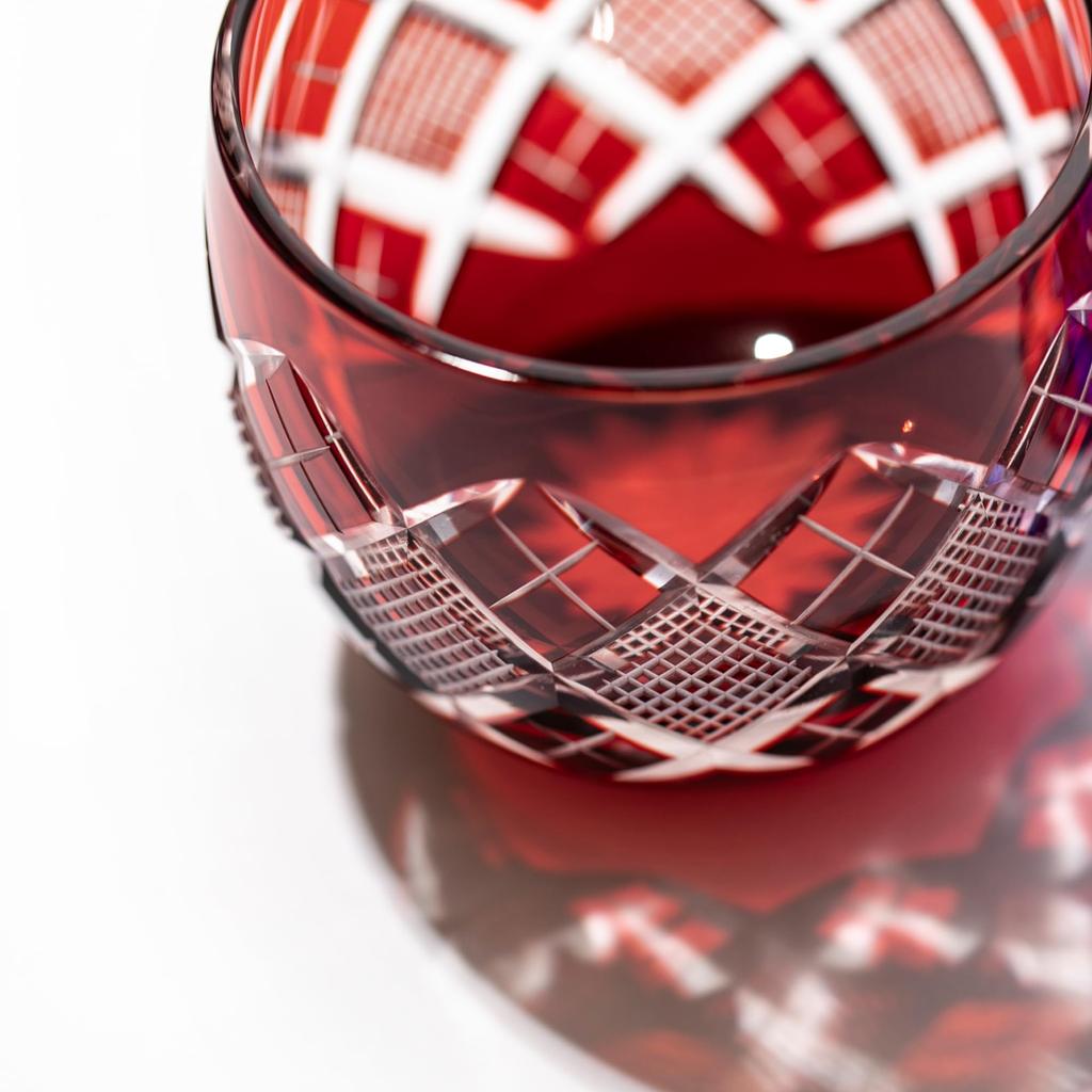 [Official Taiburo Workshop] Edo Kiriko Yarai Nanko Crest Sake Cup (Red) TB90232R, Wooden Box, Made In Japan